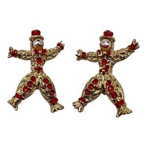 Pair Of 2 Faux Pearl Face People Brooch Pins Red Rhinestone Enamel Jewelry Lot